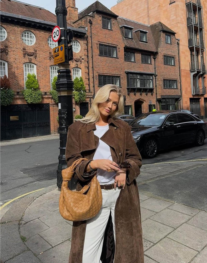 ELEGANT FAUX SUEDE BELTED TRENCH