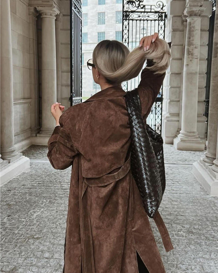 ELEGANT FAUX SUEDE BELTED TRENCH