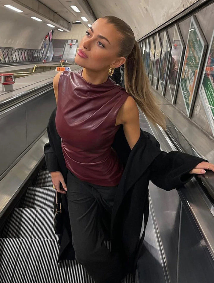 SCULPTED FAUX LEATHER SLEEVELESS TOP