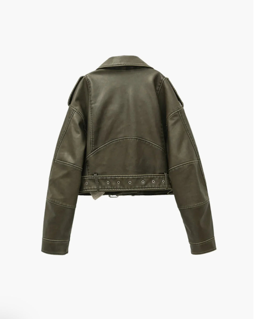 BELTED FAUX LEATHER MOTO JACKET