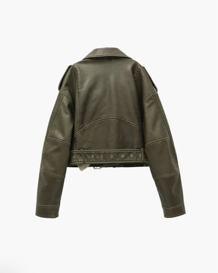 BELTED FAUX LEATHER MOTO JACKET
