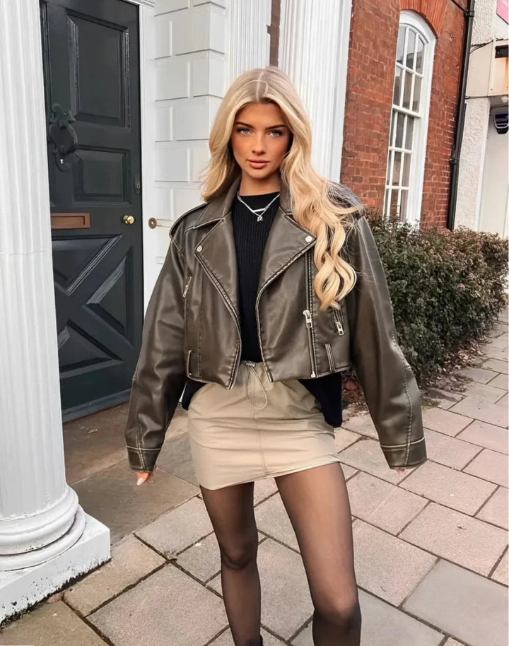 BELTED FAUX LEATHER MOTO JACKET