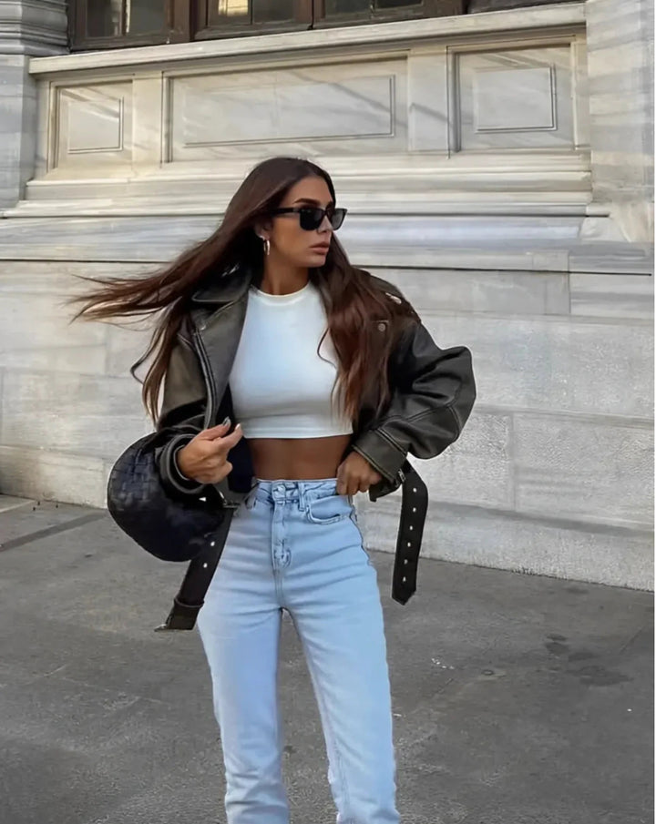 BELTED FAUX LEATHER MOTO JACKET
