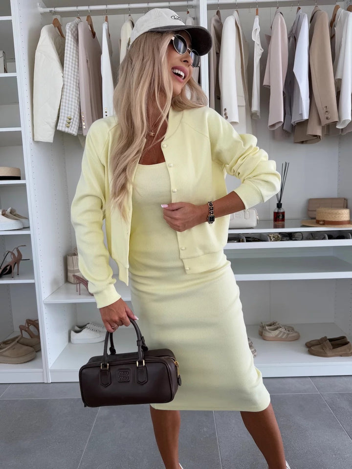 AMELIA™ | RIBBED KNIT MIDI DRESS & BOMBER JACKET SET