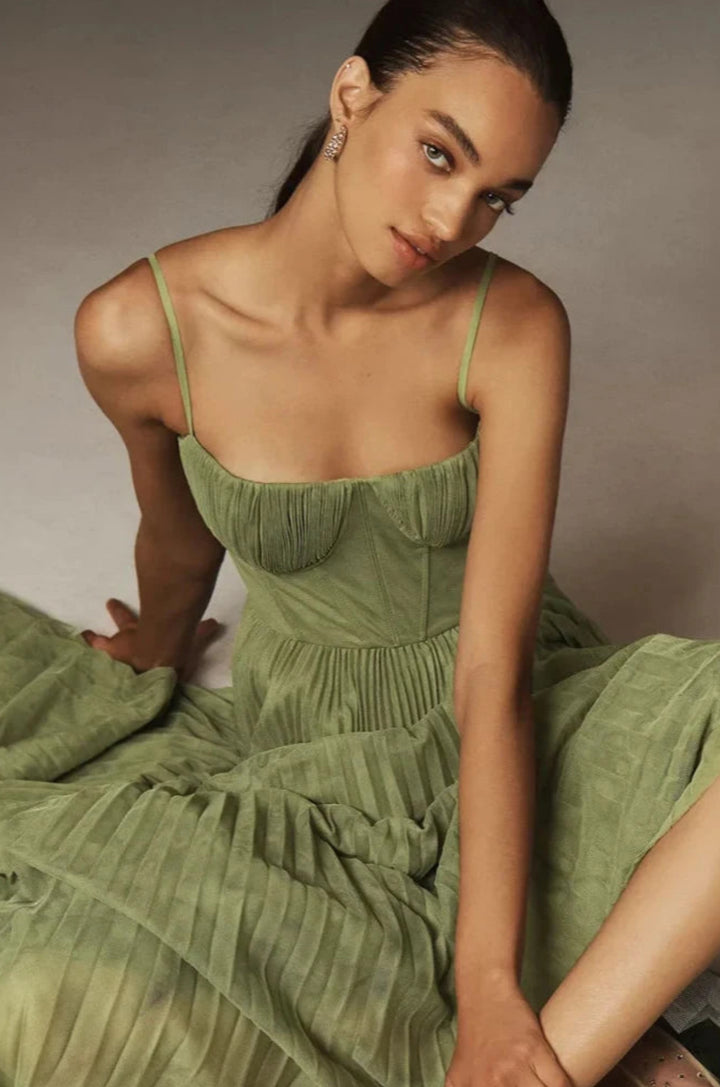 BUSTIER PLEATED TULLE FIT & FLARE MIDI DRESS
