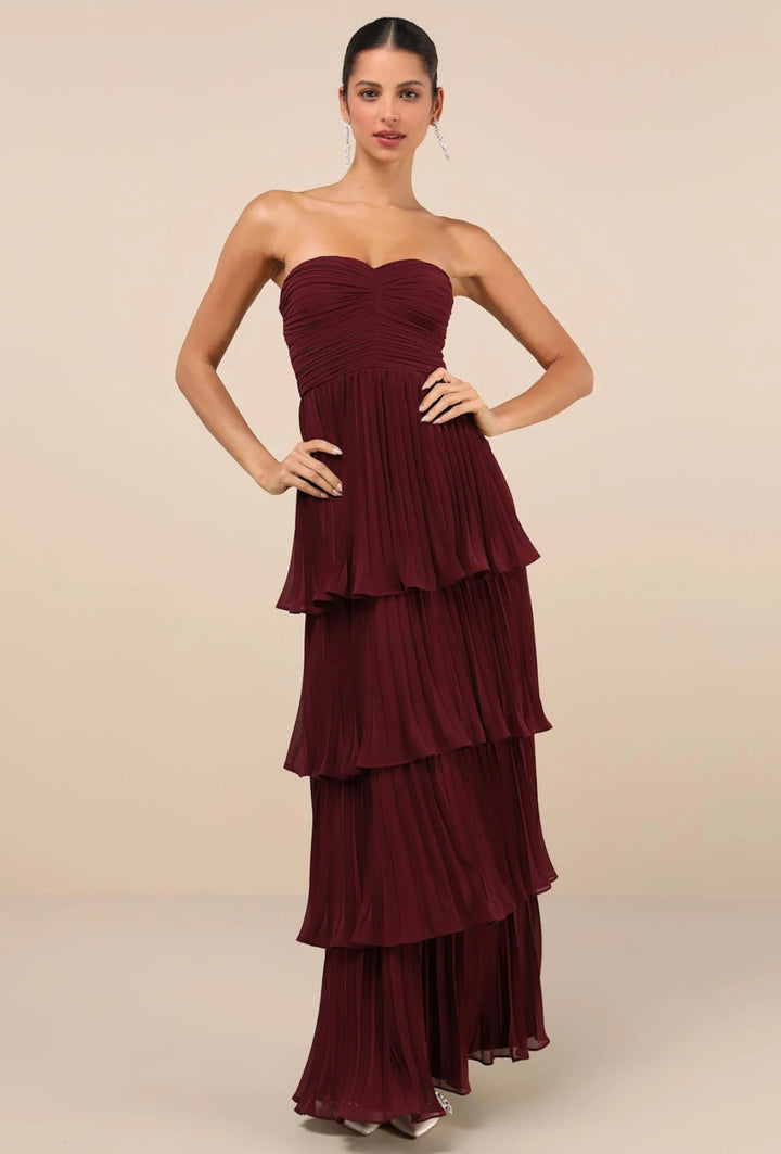 PLUM PURPLE STRAPLESS TIERED MAXI DRESS