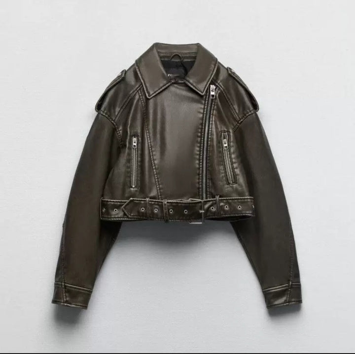 BELTED FAUX LEATHER MOTO JACKET