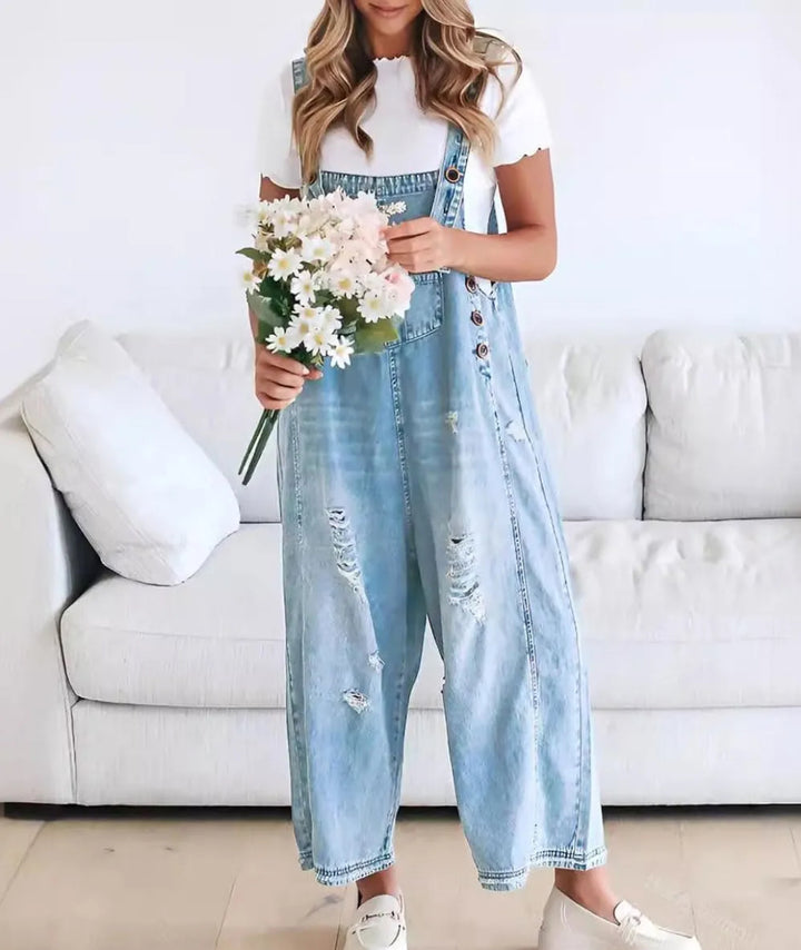 STRAP DISTRESSED DENIM BIB OVERALLS
