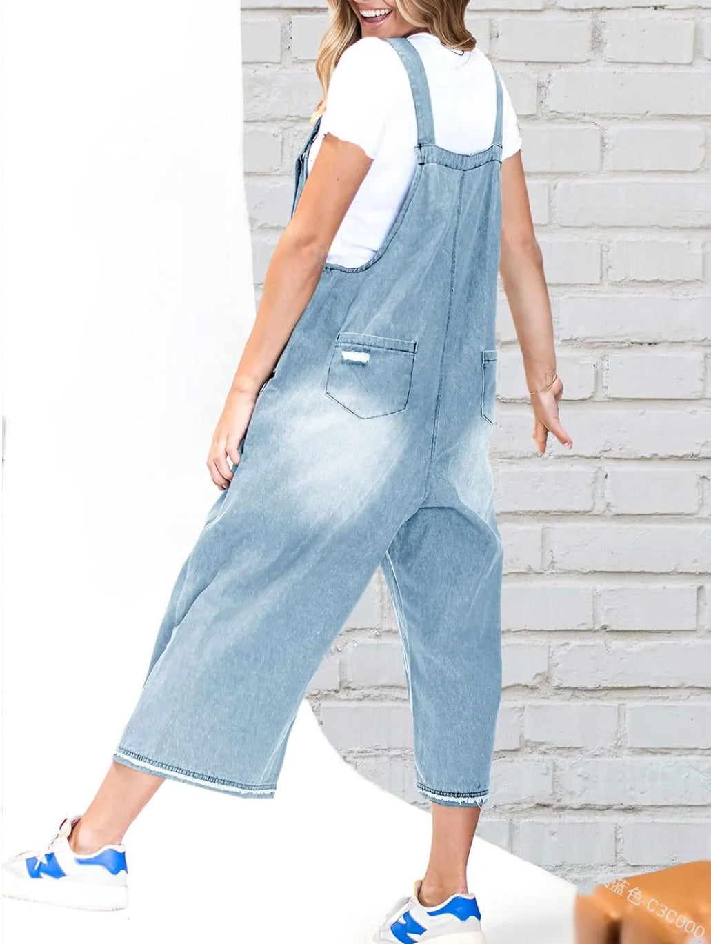 STRAP DISTRESSED DENIM BIB OVERALLS