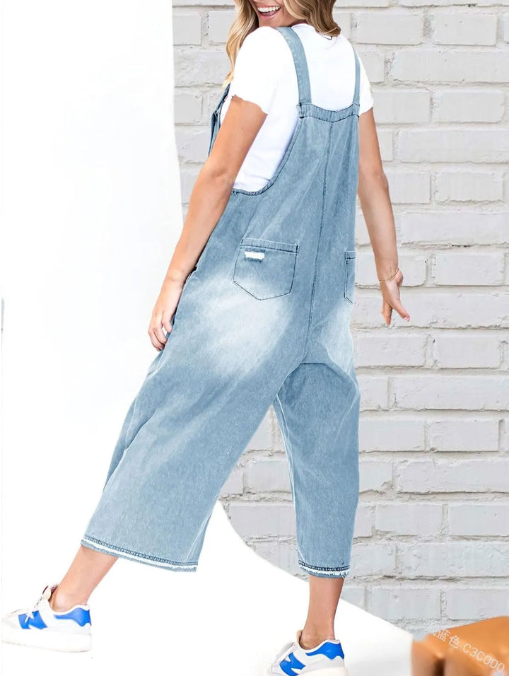 STRAP DISTRESSED DENIM BIB OVERALLS