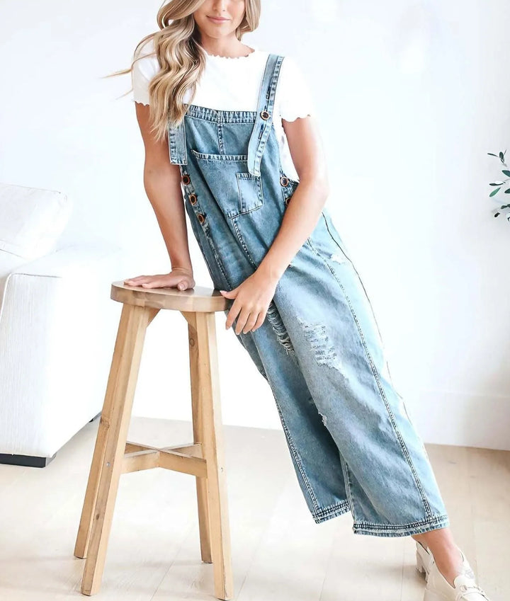 STRAP DISTRESSED DENIM BIB OVERALLS