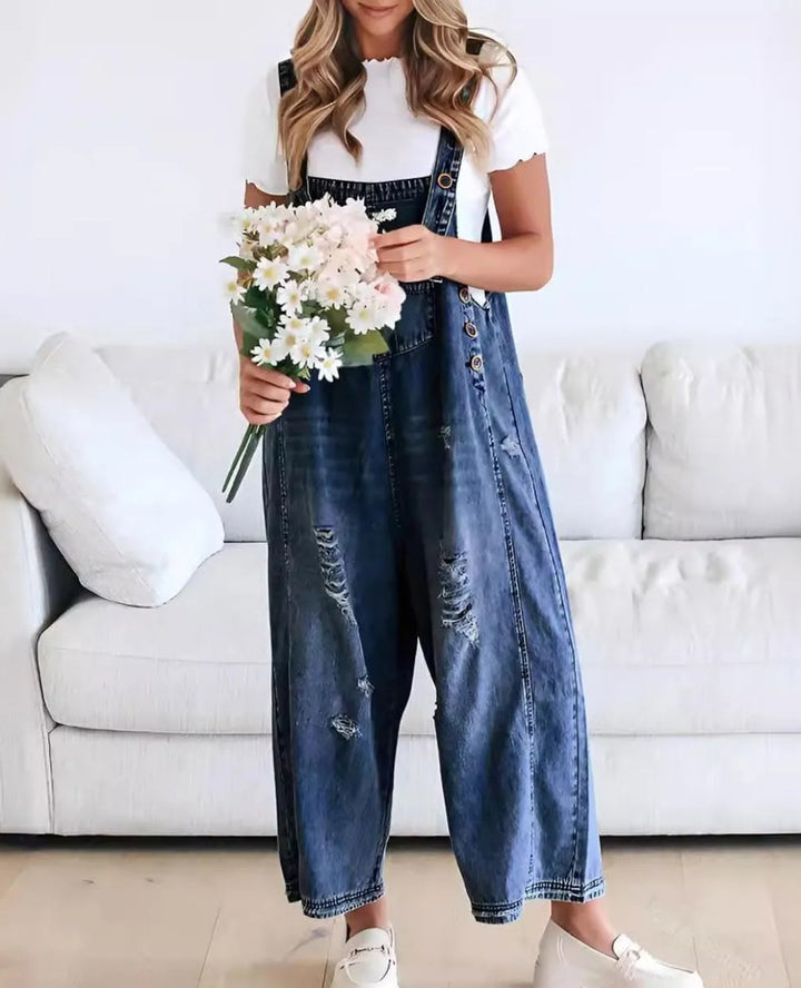STRAP DISTRESSED DENIM BIB OVERALLS