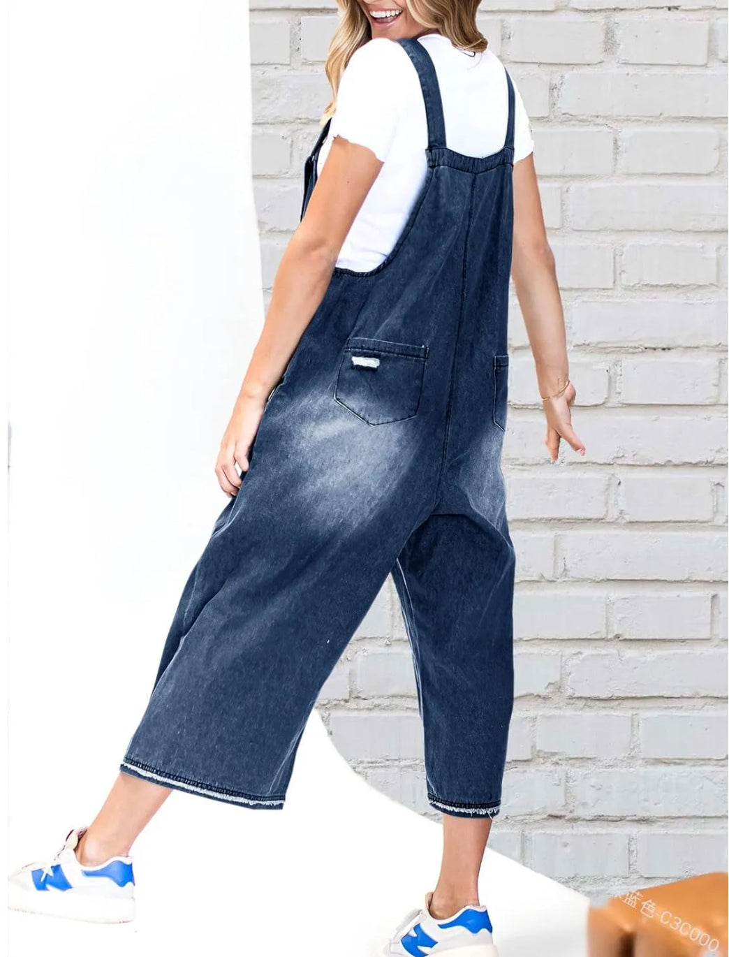 STRAP DISTRESSED DENIM BIB OVERALLS