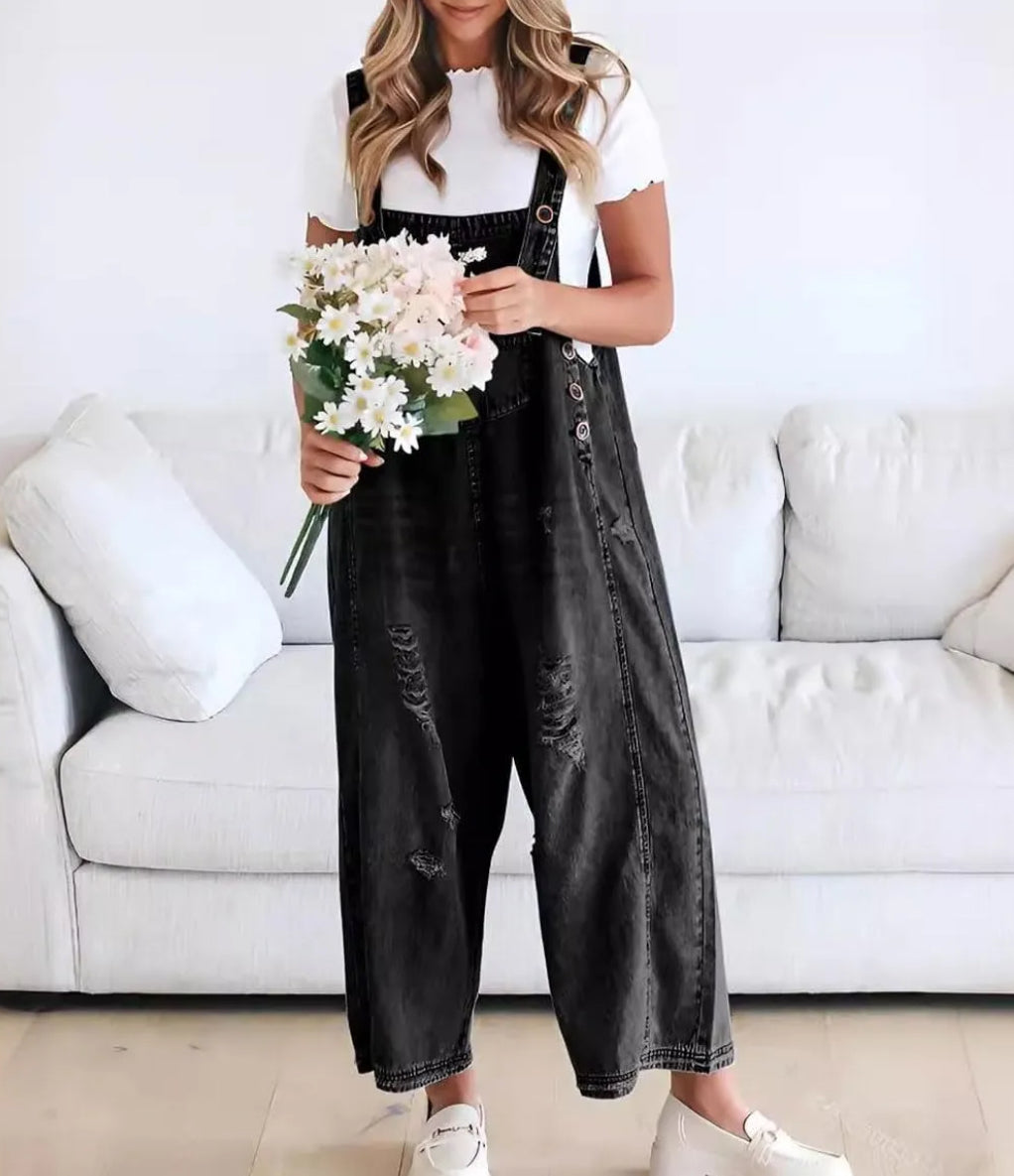 STRAP DISTRESSED DENIM BIB OVERALLS