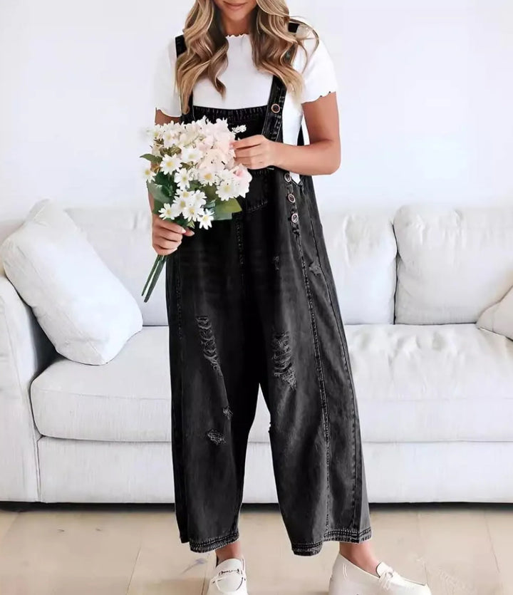 STRAP DISTRESSED DENIM BIB OVERALLS