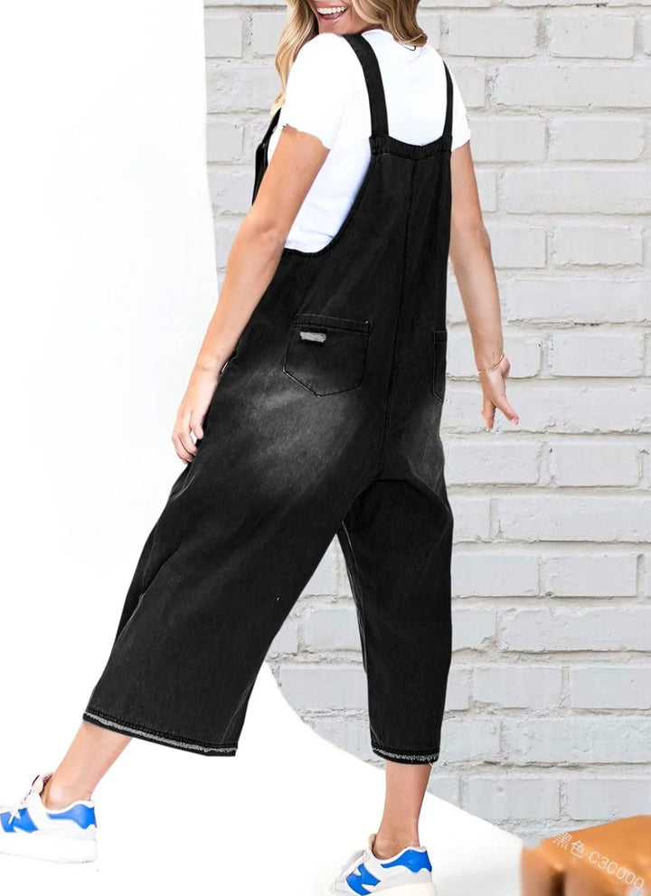STRAP DISTRESSED DENIM BIB OVERALLS