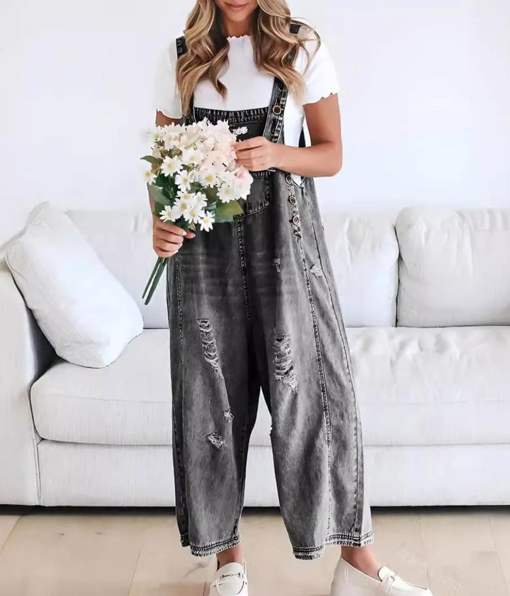 STRAP DISTRESSED DENIM BIB OVERALLS