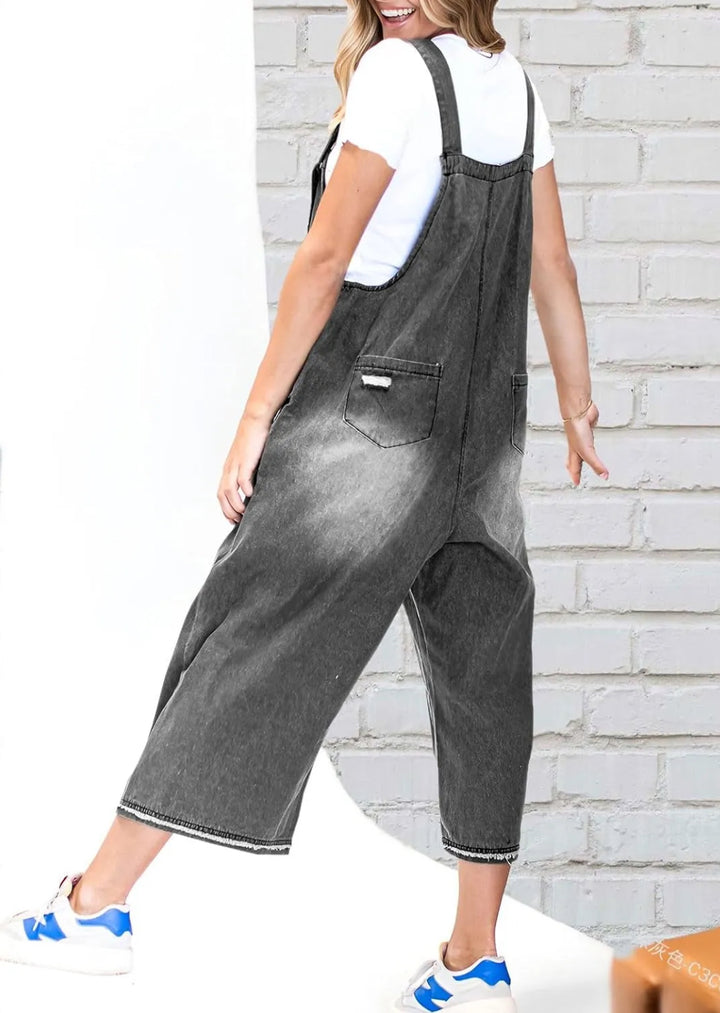 STRAP DISTRESSED DENIM BIB OVERALLS